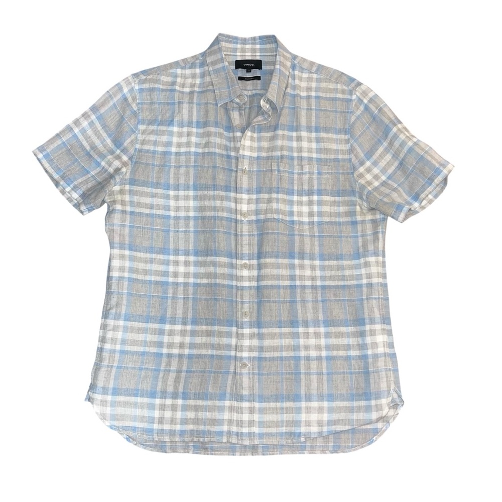 Vince Men’s Linen Cotton Short Sleeve Plaid Button Down Shirt Size S Classic Fit